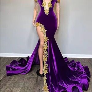 Purple Velvet Mermaid Evening Gown with Gold Appliqué